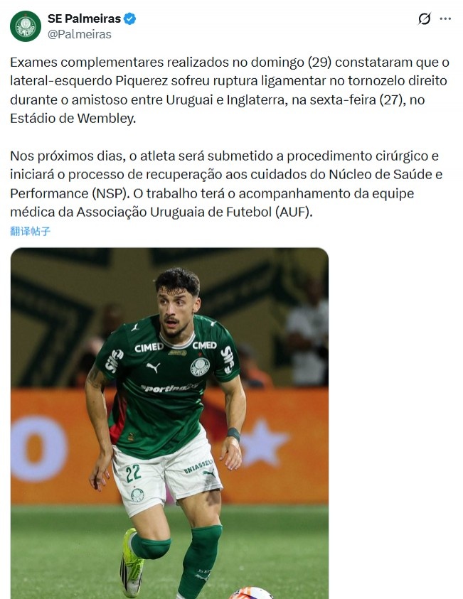 MK体育官网-战英格兰受伤，帕尔梅拉斯官方：乌拉圭后卫皮克雷斯脚踝韧带撕裂
